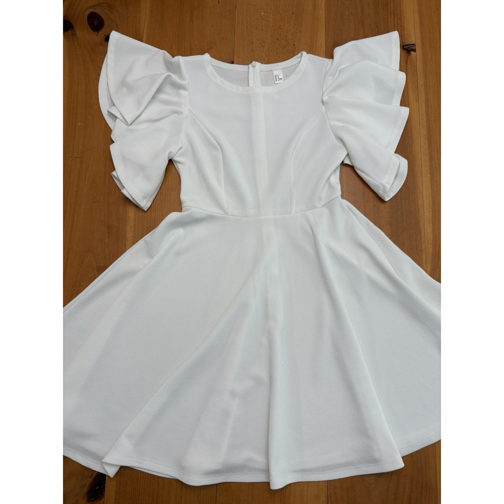 Womens White Fit Flare Dress Medium Ruffle Sleeve Textured Short Sleeve